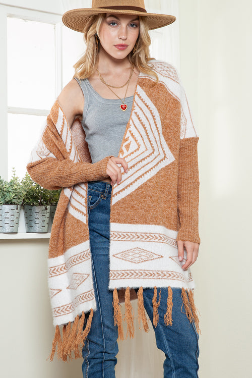 Brown Soft & Furry Knit Western Tassel Hem Cardigan