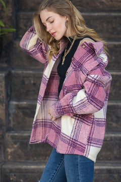 Pink Casual Button Up Plaid Shacket with Pocket