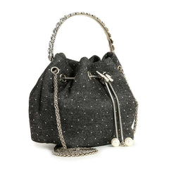Denim & Rhinestone Butterfly Drawstring Bucket Bag - Black