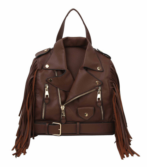 Fringe Faux Leather Motorcycle Jacket Backpack in Brown with Gold Hardware and Fringe Accents