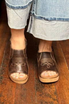 Corky’s “Most Wanted” Sandals – Espresso Crinkle Western Wedge (Sizes 7–11)