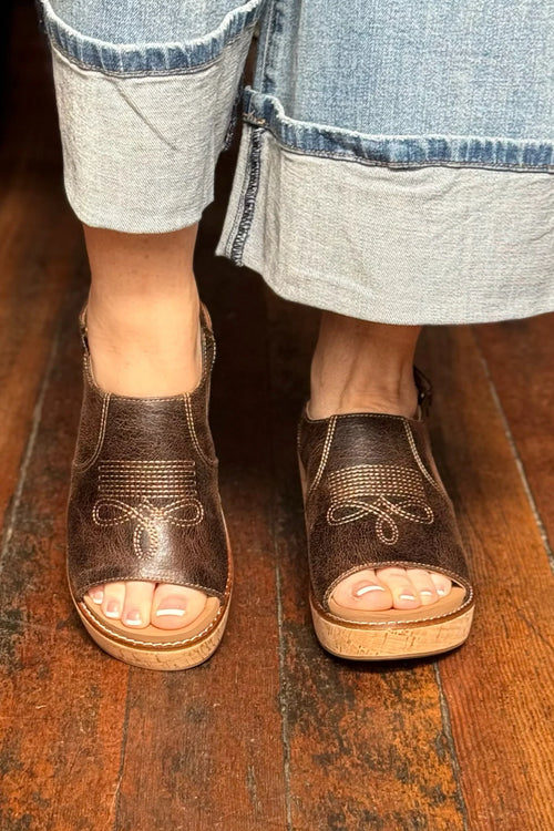 Corky’s “Most Wanted” Sandals – Espresso Crinkle Western Wedge (Sizes 7–11)