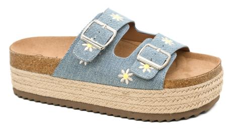 Corkys No Filter Denim Daisy Wedge Sandals – Stylish Braided Platform Sandals with Adjustable Buckles