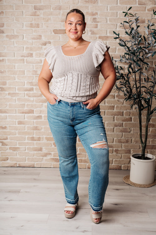 Chic Pointelle Flutter Sleeve Knit Top – Feminine Sweater Tank with Square Neckline (S–3XL)