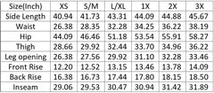 Table displaying measurements for clothing sizes XS to 3X in inches.