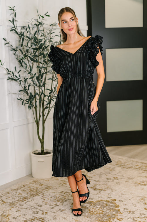 Pinstripe Romance V-Neck Ruffle Sleeve Dress in black – front view