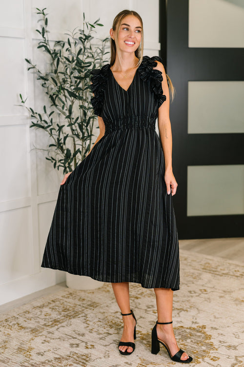 Pinstripe Romance V-Neck Ruffle Sleeve Dress in black – front view