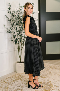 Pinstripe Romance V-Neck Ruffle Sleeve Dress in black – side view