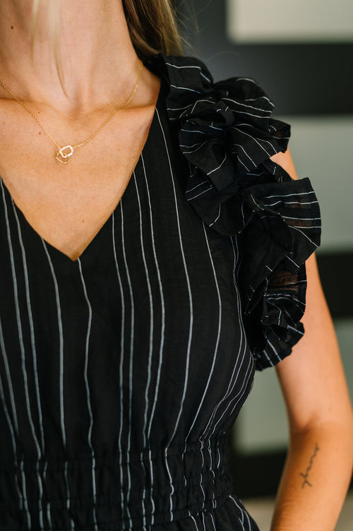 Pinstripe Romance V-Neck Ruffle Sleeve Dress in black – close-up detail