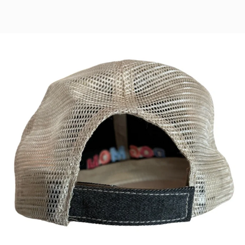 A beige mesh-back trucker cap shown from the back, featuring a dark denim-style back strap and a colorful 'MOM' graphic printed inside the crown.