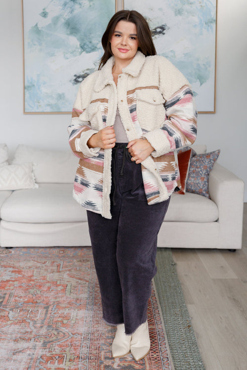 Sedona Sunset Sherpa Aztec Shacket – Cozy & Stylish in Sizes S-3XL for Effortless Fall Fashion