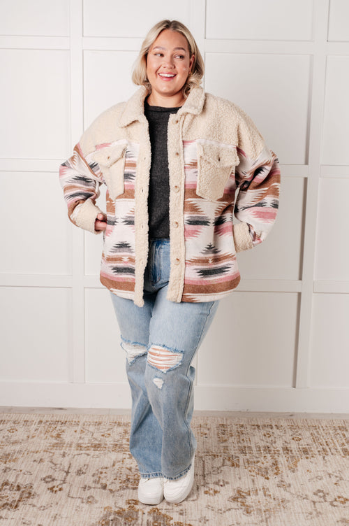 Sedona Sunset Sherpa Aztec Shacket – Cozy & Stylish in Sizes S-3XL for Effortless Fall Fashion