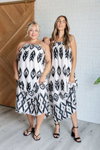 Sign of the Times Maxi Dress – Black & White Ikat Print, Adjustable Straps, S–3XL