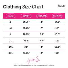 Jess Lea skort size chart with full waist measurements