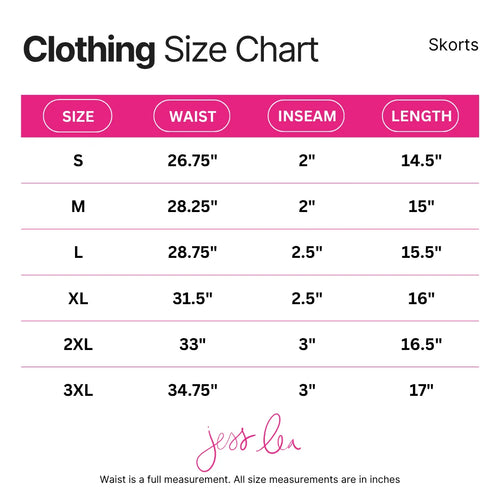 Jess Lea skort size chart with full waist measurements