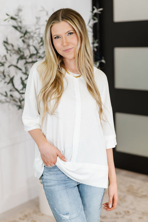 Zenana Stay On Top Relaxed Tee – Drop Shoulder Exposed Seam Ribbed Knit Top (S–3X) In Off-White