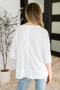 Zenana Stay On Top Relaxed Tee – Drop Shoulder Exposed Seam Ribbed Knit Top (S–3X) In Off-White