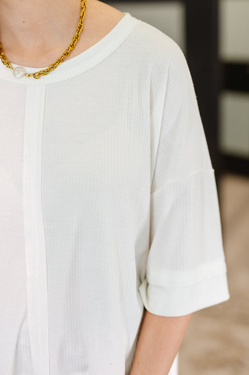 Zenana Stay On Top Relaxed Tee – Drop Shoulder Exposed Seam Ribbed Knit Top (S–3X) In Off-White