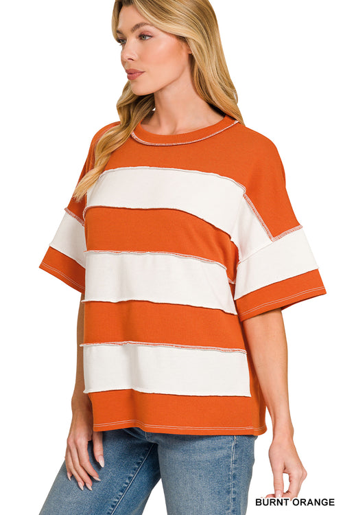 Zenana Easy Days French Terry Striped Exposed Seam Top