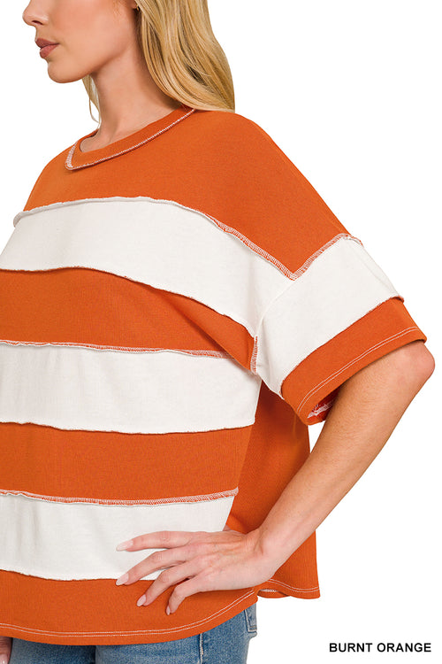 Zenana Easy Days French Terry Striped Exposed Seam Top