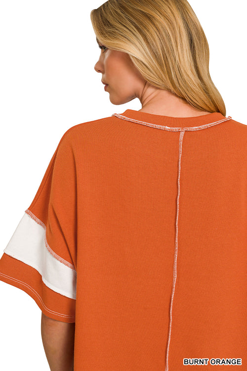 Zenana Easy Days French Terry Striped Exposed Seam Top