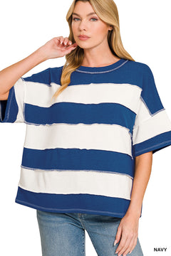 Zenana Easy Days French Terry Striped Exposed Seam Top