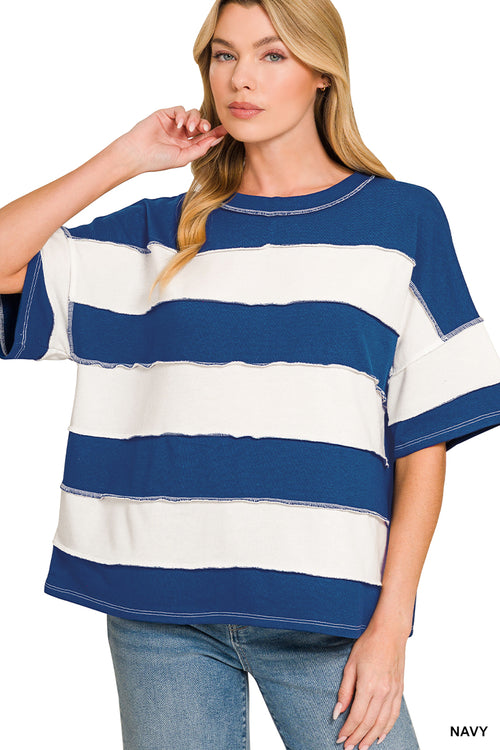 Zenana Easy Days French Terry Striped Exposed Seam Top