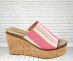 Corkys Mugshot Wedge Heel in Pink Natural Stripe – Stylish Slip-On Sandals for Women, Comfortable Cork Wedges