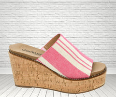 Corkys Mugshot Wedge Heel in Pink Natural Stripe – Stylish Slip-On Sandals for Women, Comfortable Cork Wedges