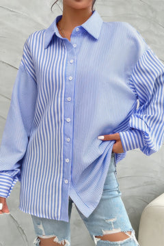 Blue stripe collared shirt styled for a modern casual look

