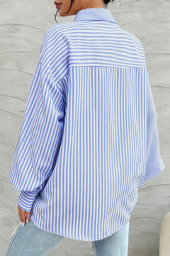 Blue stripe collared shirt styled for a modern casual look- back view