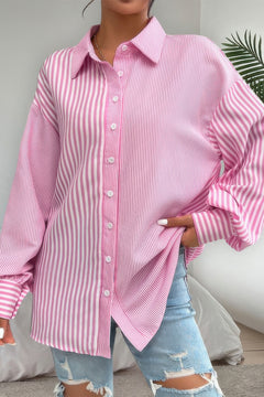 Relaxed-fit stripe shirt in pink, styled with denim