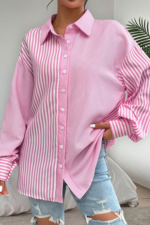 Relaxed-fit stripe shirt in pink, styled with denim