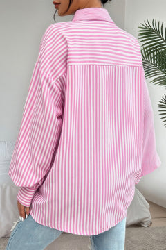 Relaxed-fit stripe shirt in pink, styled with denim - back view