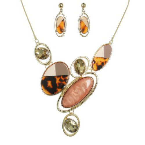 Jewelry set with a necklace and earrings featuring tortoiseshell and pink stones on a white background.