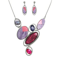 Jewelry set with a necklace and earrings featuring multicolored stones on a white background