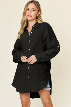 Double Take Full Size Pocketed Texture Button Up Shirt - Versatile Layering Piece for Every Occasion