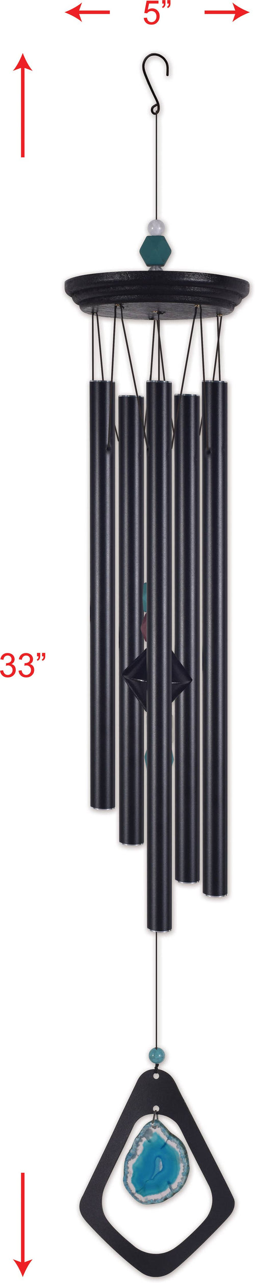 33 inch Mystic Blue Agate wind chime measurement guide showing black chimes and natural agate accent.