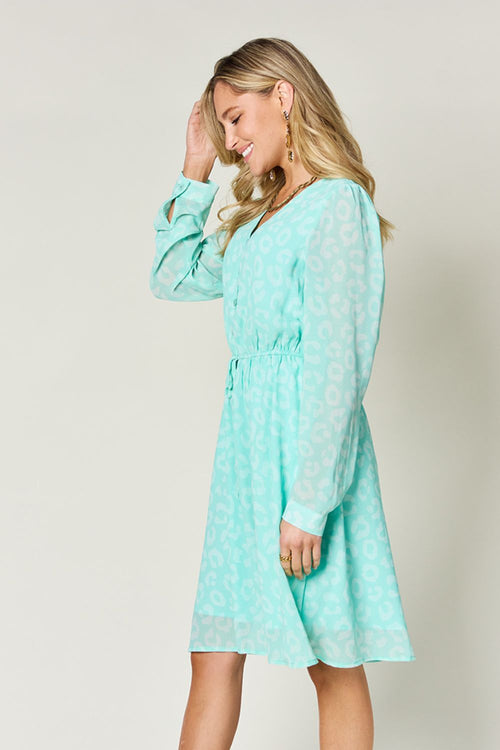 Double Take Full Size Printed Ruched V-Neck Long Sleeve Dress (Sizes S-3XL)