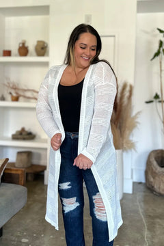White Double Take Open Front Longline Cardigan – long knit cardigan with open front