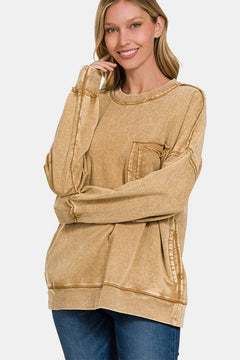 Zenana Exposed Seam Round Neck Dropped Shoulder Sweatshirt - Trendy & Comfortable Casual Wear