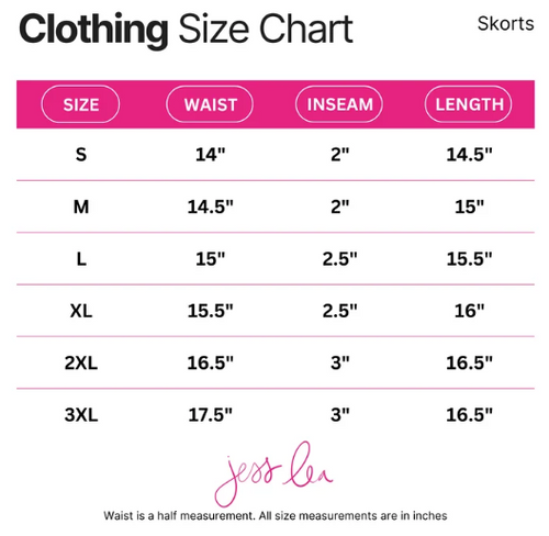 After Dark Black Skort size chart for sizes Small through 3XL