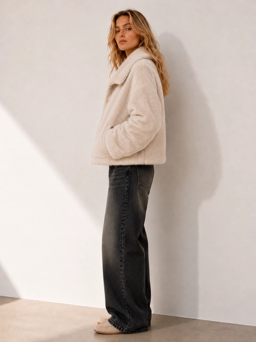 Beige faux fur cropped jacket side view