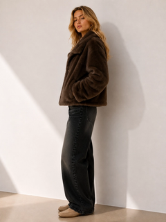 Coffee faux fur cropped jacket side view