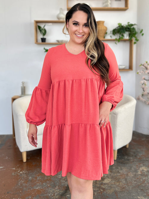 Double Take Full Size V-Neck Balloon Sleeve Tiered Dress (Sizes S-3XL)