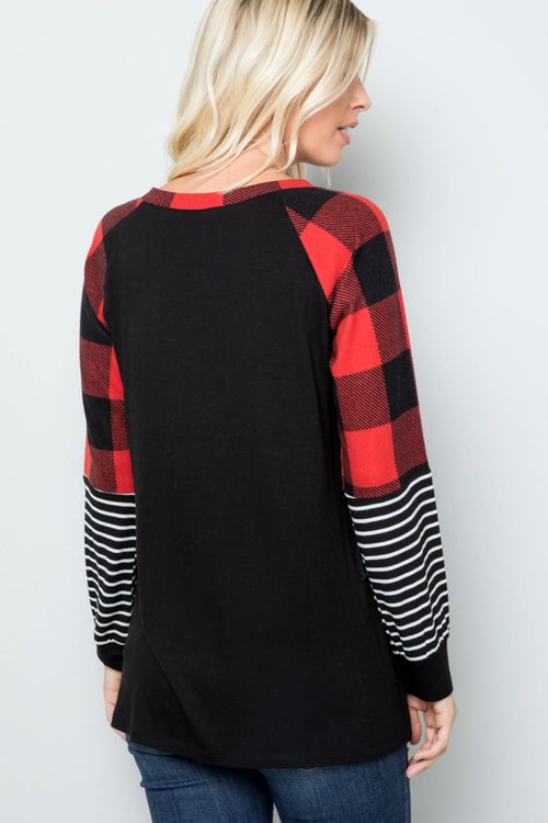 Plaid & Stripe Color Block Long Sleeve Top — Red or Black/White