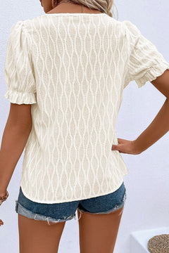 Ruffled Texture Notched Short Sleeve Blouse – Lightweight & Versatile Top for Women