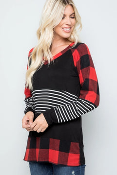 Plaid & Stripe Color Block Long Sleeve Top — Red or Black/White
