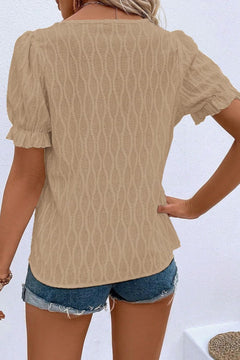 Ruffled Texture Notched Short Sleeve Blouse – Lightweight & Versatile Top for Women