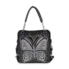 Dazzling Rhinestone Butterfly Shoulder Bag - Black Vegan Leather